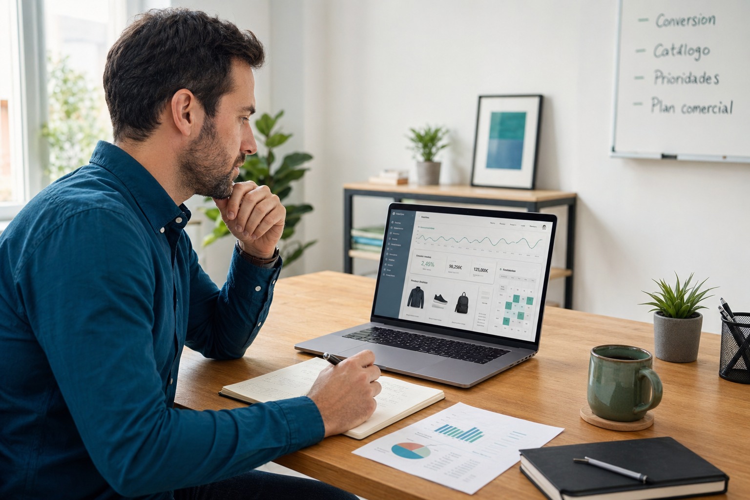 Mesa de trabajo ecommerce con metricas, prioridades y canales de venta