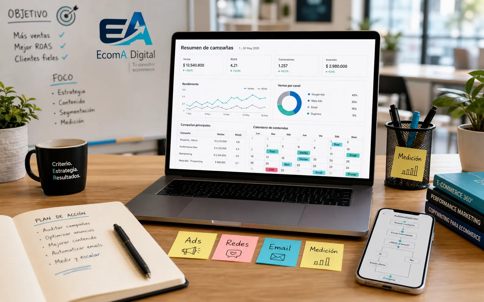 Mesa de trabajo con notebook, metricas, calendario de contenidos y notas de Ads, Redes y Email