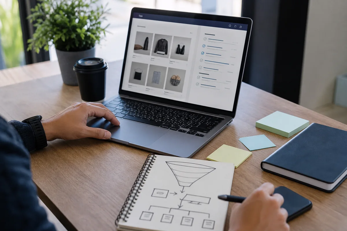 Especialista revisando una tienda online y un checklist de optimización ecommerce.